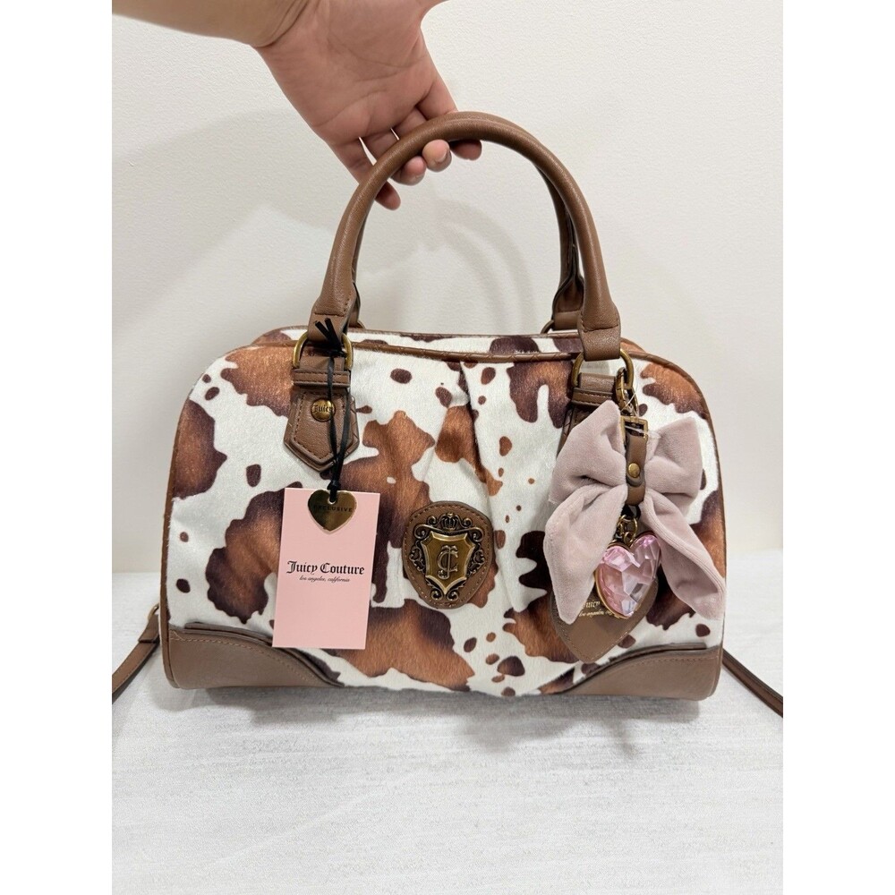 Juicy Couture Romance Cow Print Satchel In Saddle Brown W/Charm Viral NEW